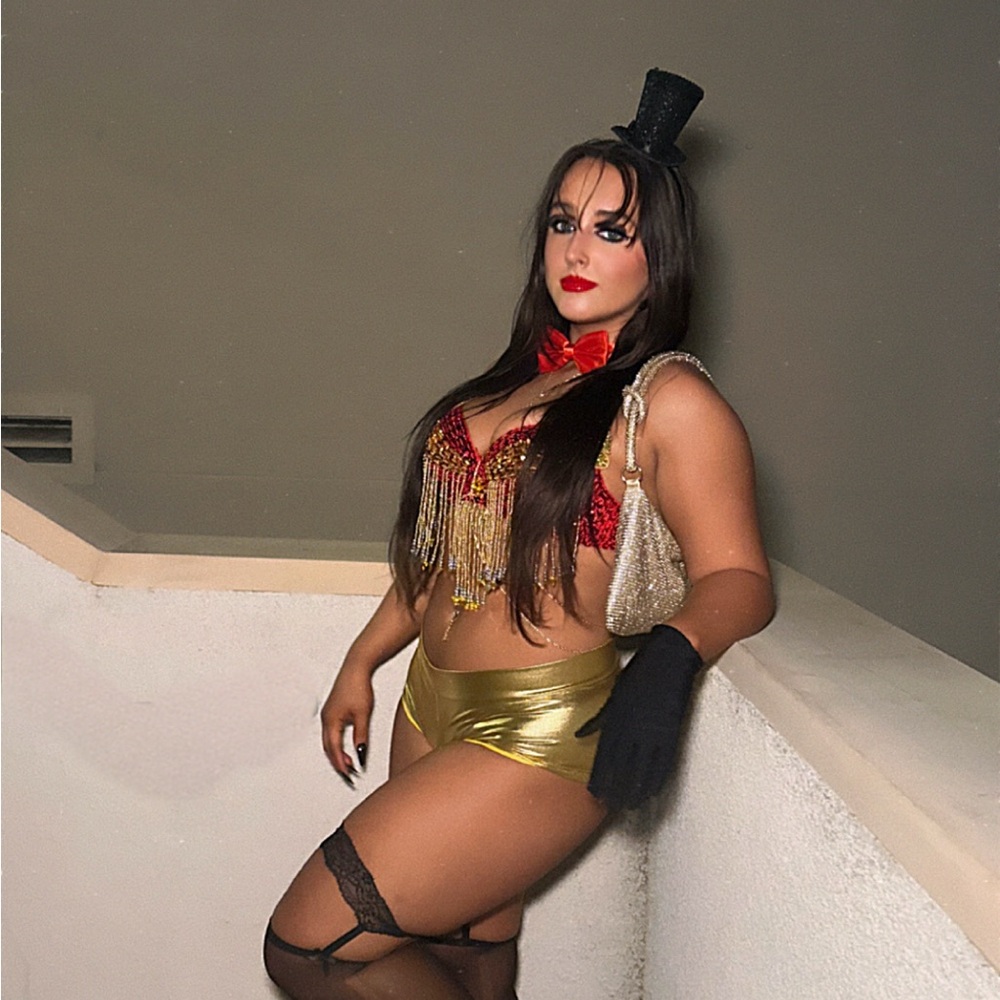 Red and Gold Showgirl Costume with Top Hat